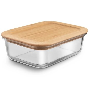 Dóza s tesnením 1,6l sklo/bambus - Sklenená dóza s možnosťou rytiny vlastného zadania. Skladom, expedícia vr. gravírovania do 48h.